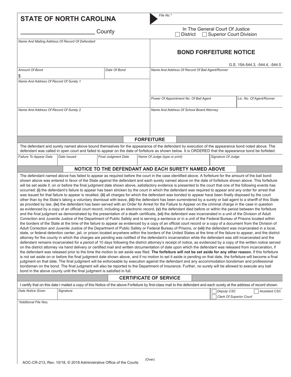 Form AOC-CR-213 Bond Forfeiture Notice - North Carolina, Page 1