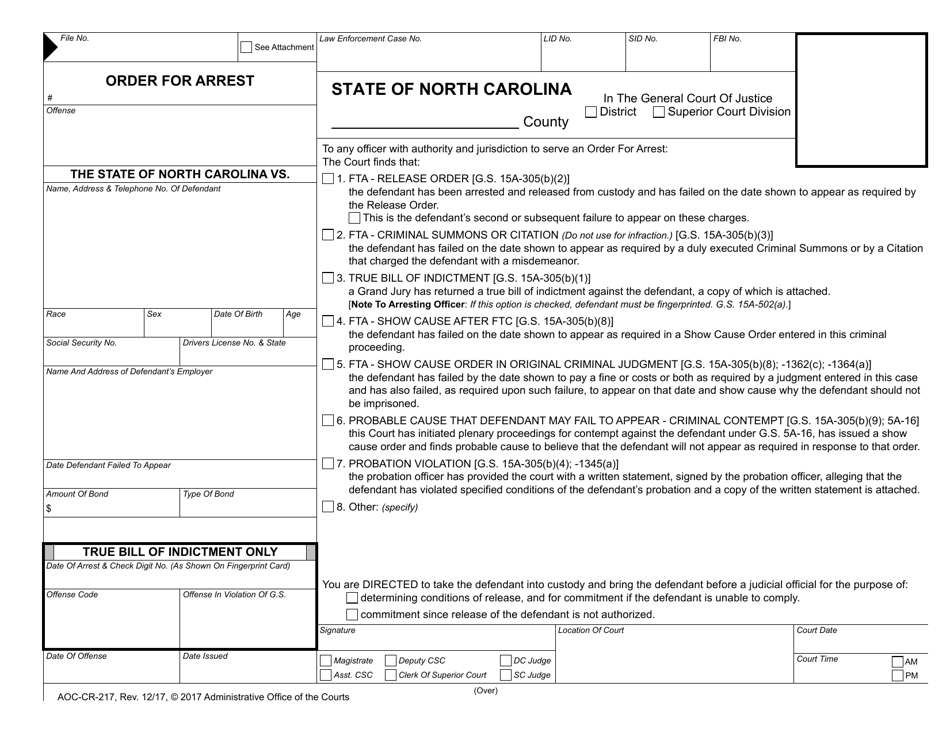 Form AOC-CR-217 Order for Arrest - North Carolina, Page 1