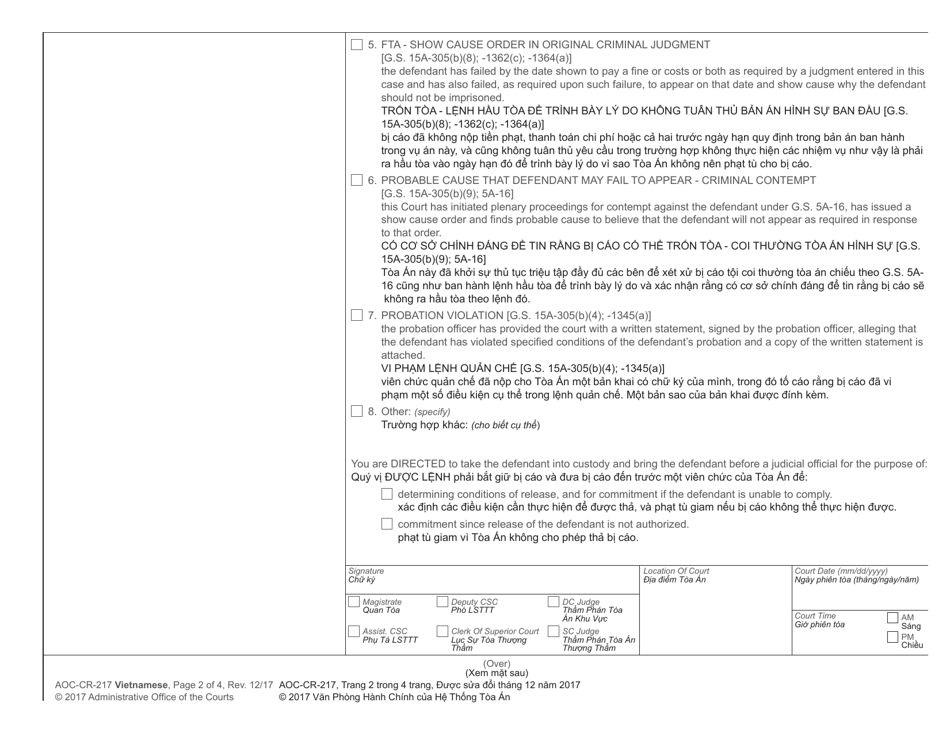 Form AOC-CR-217 VIETNAMESE Order for Arrest - North Carolina (English / Vietnamese), Page 2