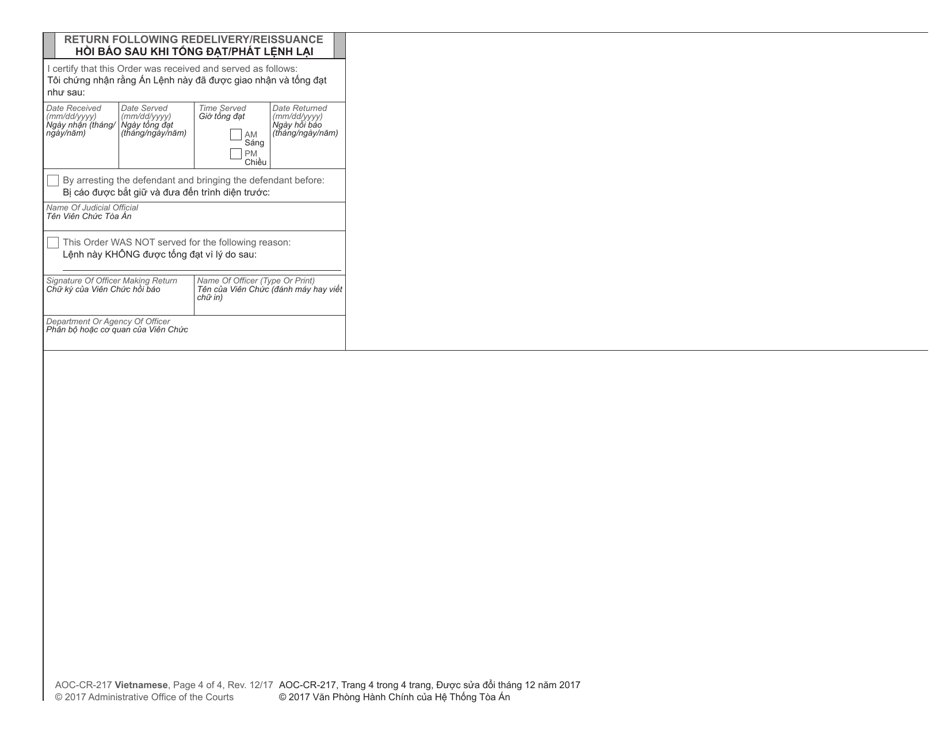 Form AOC-CR-217 VIETNAMESE Order for Arrest - North Carolina (English / Vietnamese), Page 4