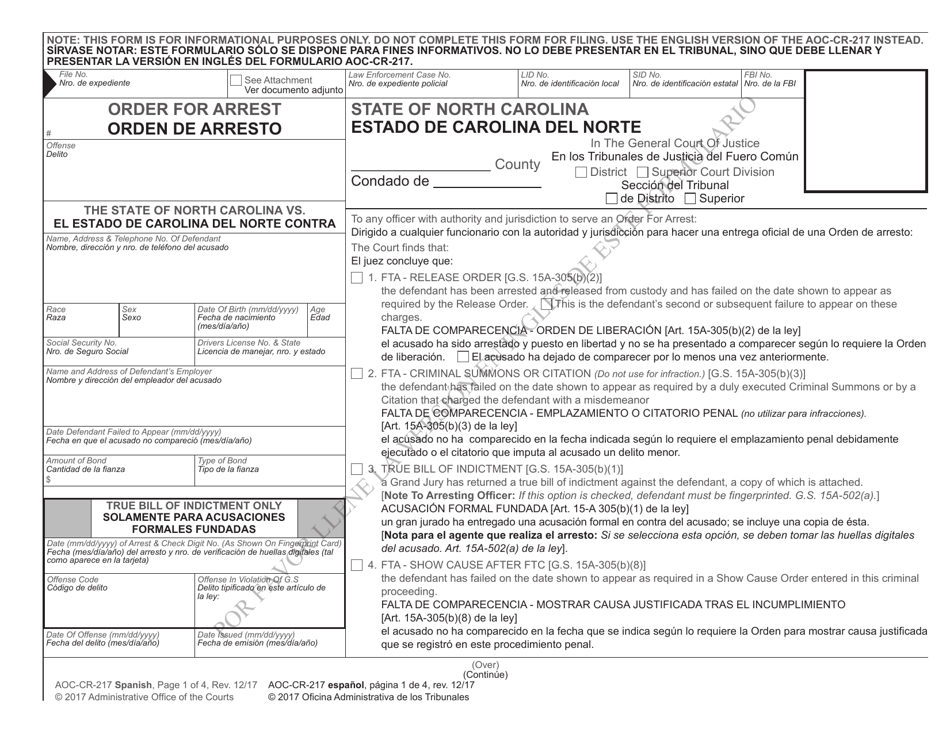 Form AOC-CR-217 SPANISH Order for Arrest - North Carolina (English / Spanish), Page 1