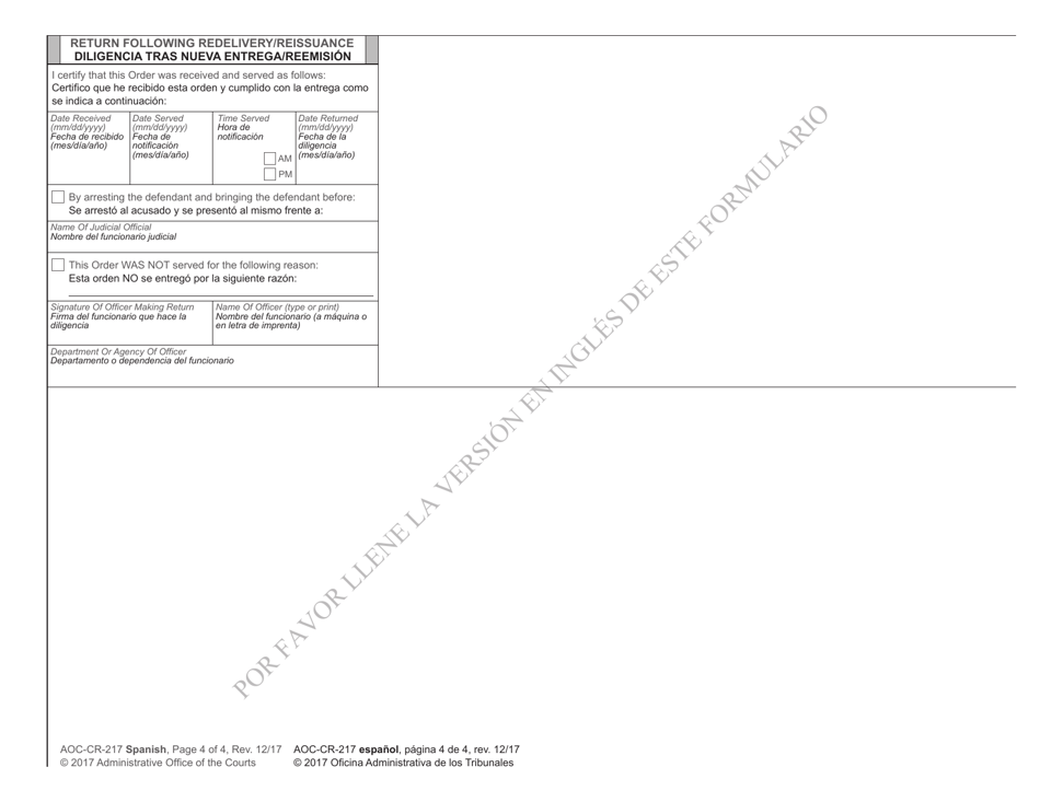 Form AOC-CR-217 SPANISH Order for Arrest - North Carolina (English / Spanish), Page 4