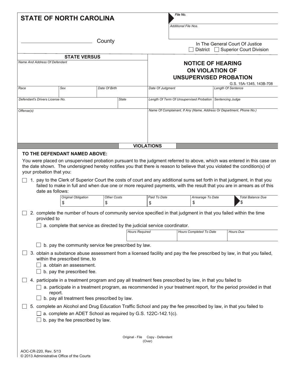 Form AOC-CR-220 Notice of Hearing on Violation of Unsupervised Probation - North Carolina, Page 1
