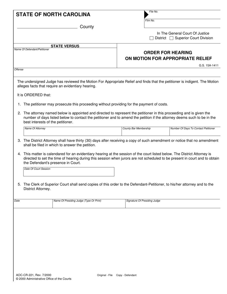 Form AOC-CR-221 Order for Hearing on Motion for Appropriate Relief - North Carolina, Page 1