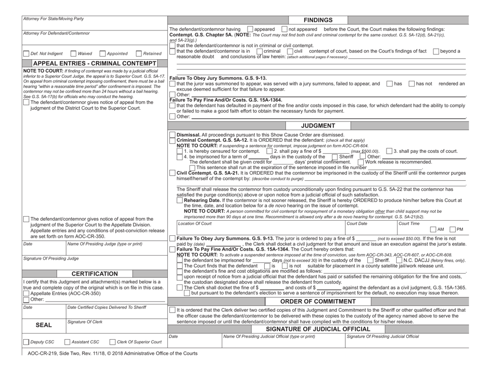 Form AOC-CR-219 Show Cause Order, Findings and Judgment - Failure to Pay Fine and / or Costs, to Obey Jury Summons, to Appear Pursuant to Criminal Summons, or for Contempt - North Carolina, Page 2