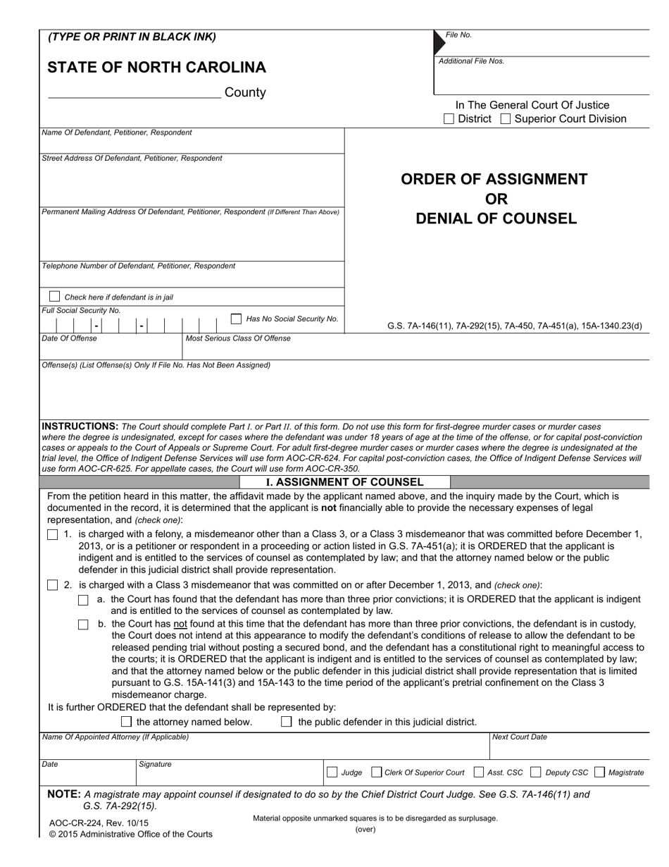 Form AOC-CR-224 Order of Assignment or Denial of Counsel - North Carolina, Page 1
