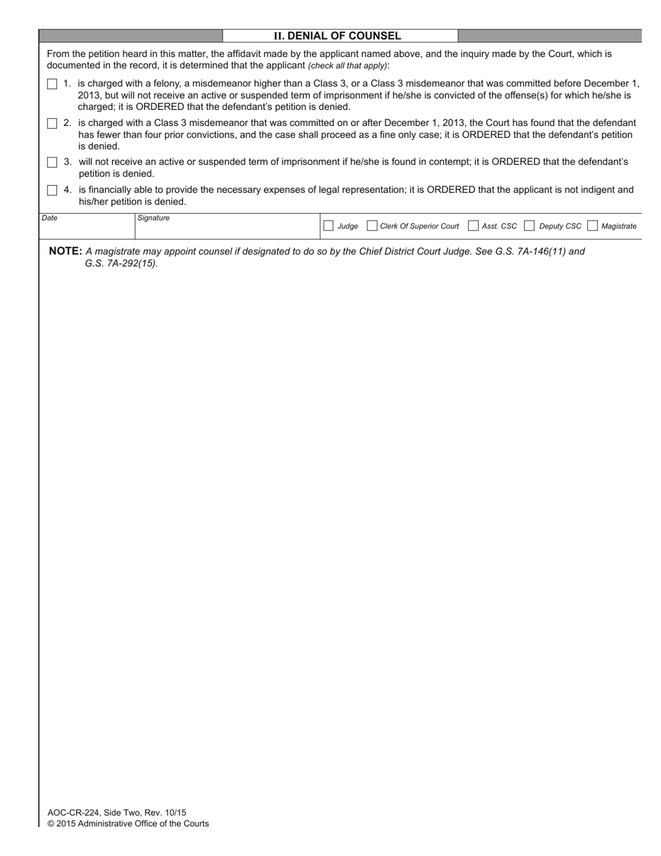 Form AOC-CR-224 Order of Assignment or Denial of Counsel - North Carolina, Page 2
