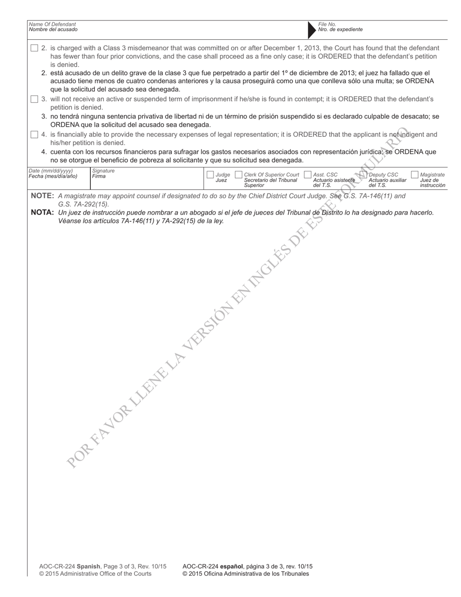 Form AOC-CR-224 SPANISH Order of Assignment or Denial of Counsel - North Carolina (English / Spanish), Page 3