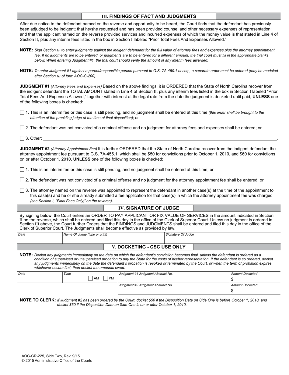 Form AOC-CR-225 Non-capital Criminal Case Trial Level Fee Application Order for Payment Judgment Against Indigent - North Carolina, Page 2