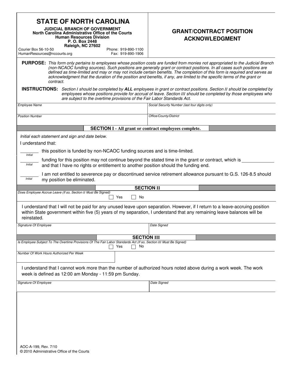 Form AOC-A-199 Grant / Contract Position Acknowledgment - North Carolina, Page 1