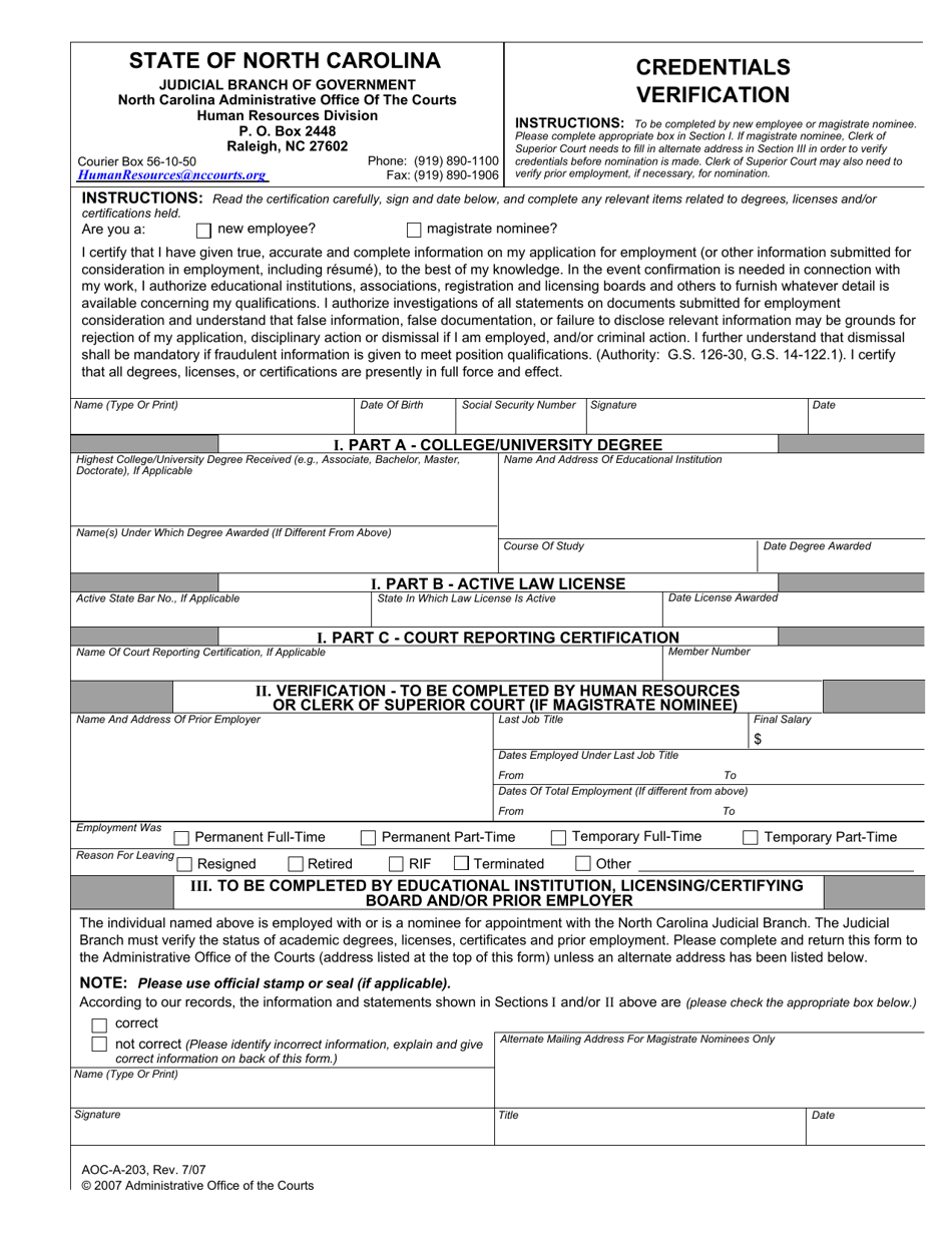 Form AOC-A-203 Credentials Verification - North Carolina, Page 1