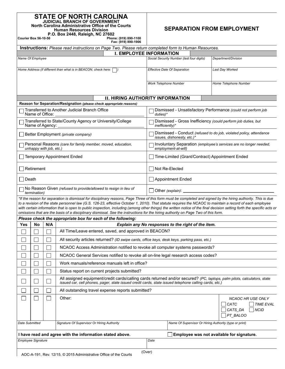 Form AOC-A-191 Separation From Employment - North Carolina, Page 1