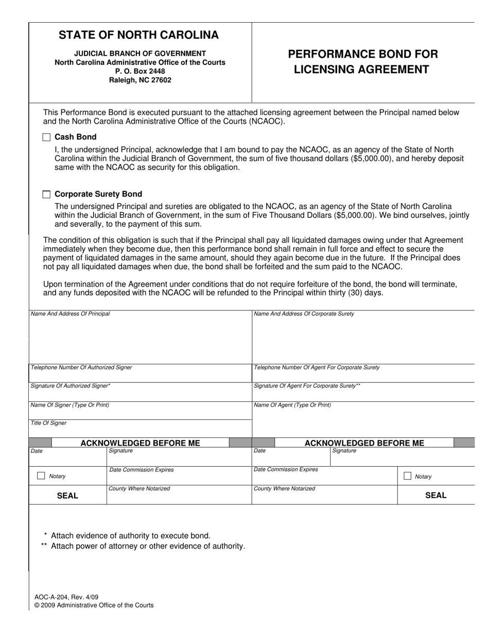 Form AOC-A-204 Performance Bond for Licensing Agreement - North Carolina, Page 1