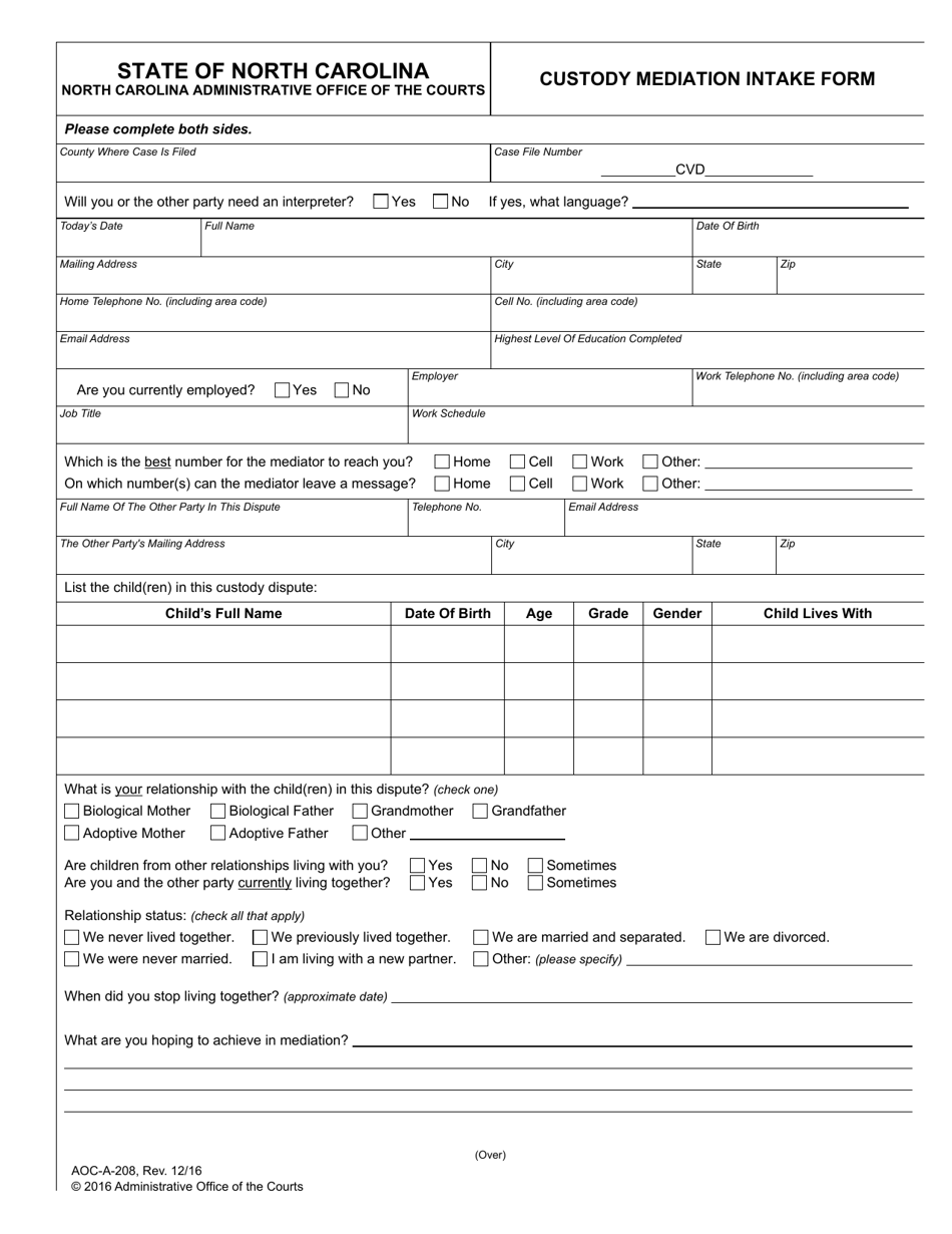 Form AOC-A-208 Custody Mediation Intake Form - North Carolina, Page 1