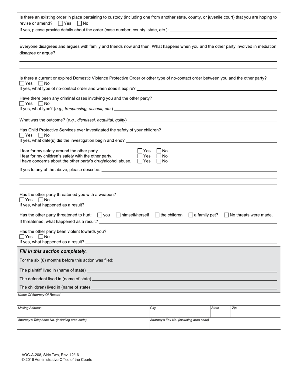 Form AOC-A-208 Download Fillable PDF or Fill Online Custody Mediation ...