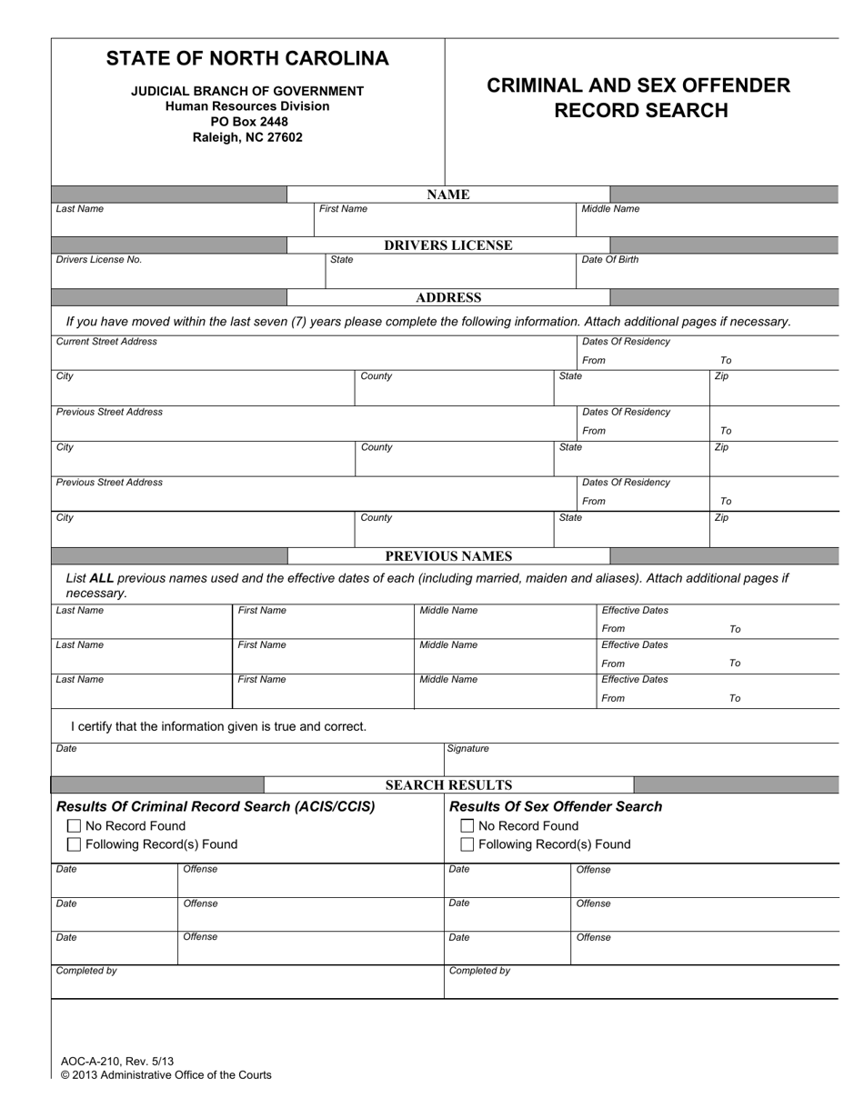 Form AOC-A-210 Criminal and Sex Offender Record Search - North Carolina, Page 1
