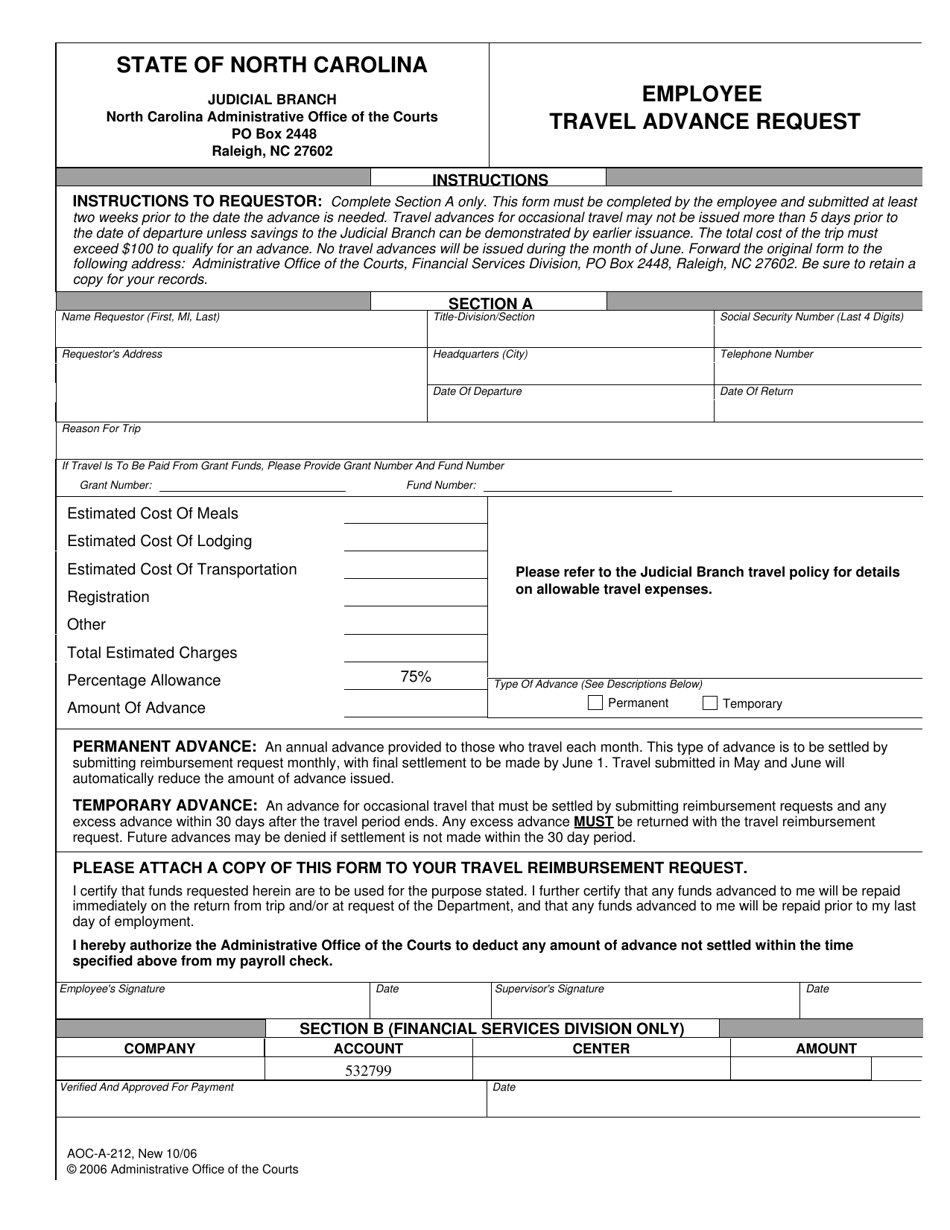 Form AOC-A-212 Employee Travel Advance Request - North Carolina, Page 1