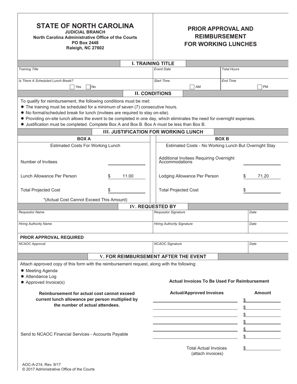 Form AOC-A-214 Prior Approval and Reimbursement for Working Lunches - North Carolina, Page 1