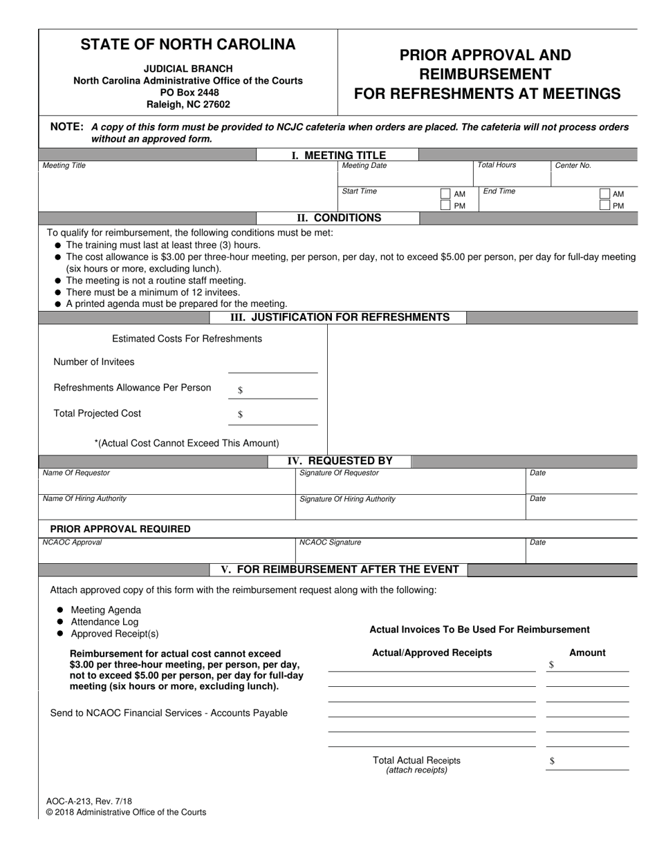 Form AOC-A-213 Prior Approval and Reimbursement for Refreshments at Meetings - North Carolina, Page 1