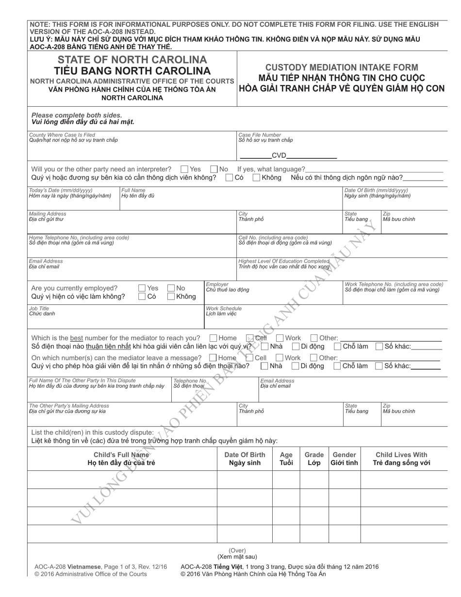 Form AOC-A-208 VIETNAMESE Custody Mediation Intake Form - North Carolina (English / Vietnamese), Page 1
