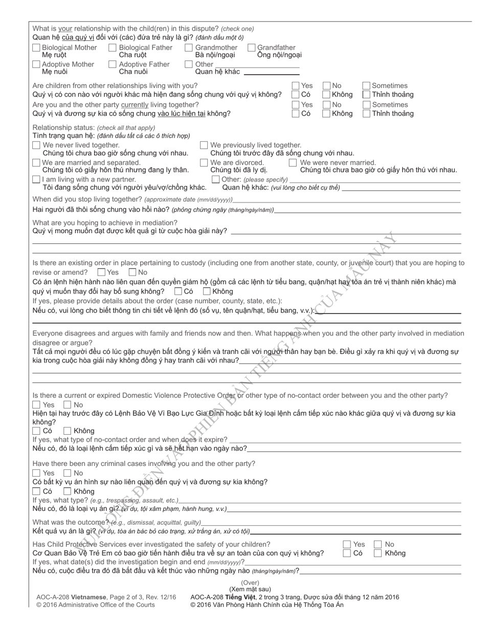 Form AOC-A-208 VIETNAMESE Custody Mediation Intake Form - North Carolina (English / Vietnamese), Page 2