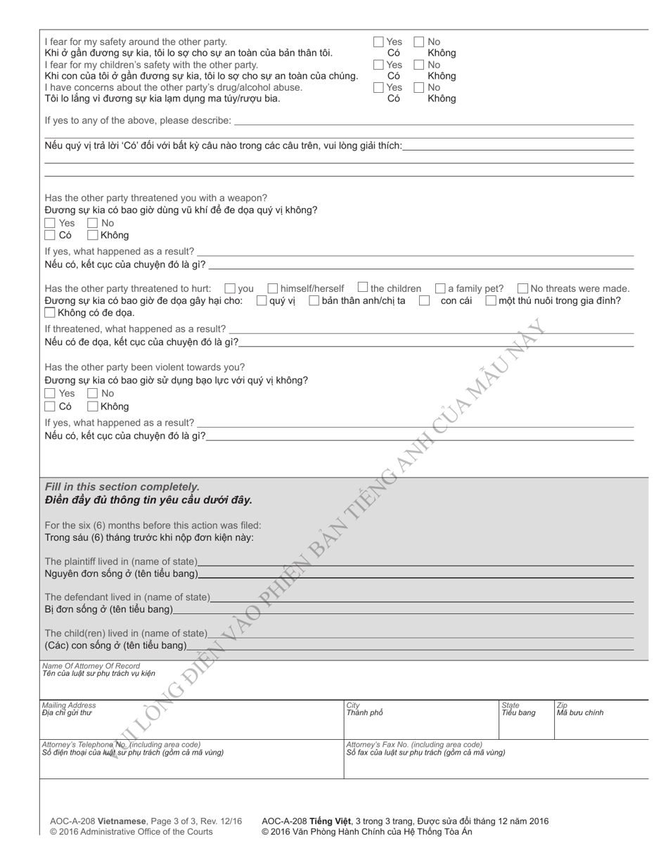 Form AOC-A-208 VIETNAMESE - Fill Out, Sign Online and Download ...