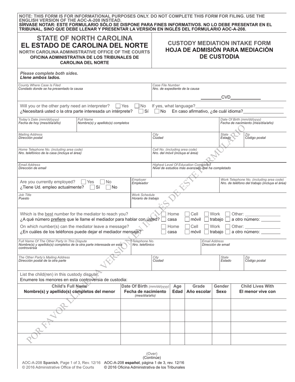 Form AOC-A-208 Custody Mediation Intake Form - North Carolina (English / Spanish), Page 1