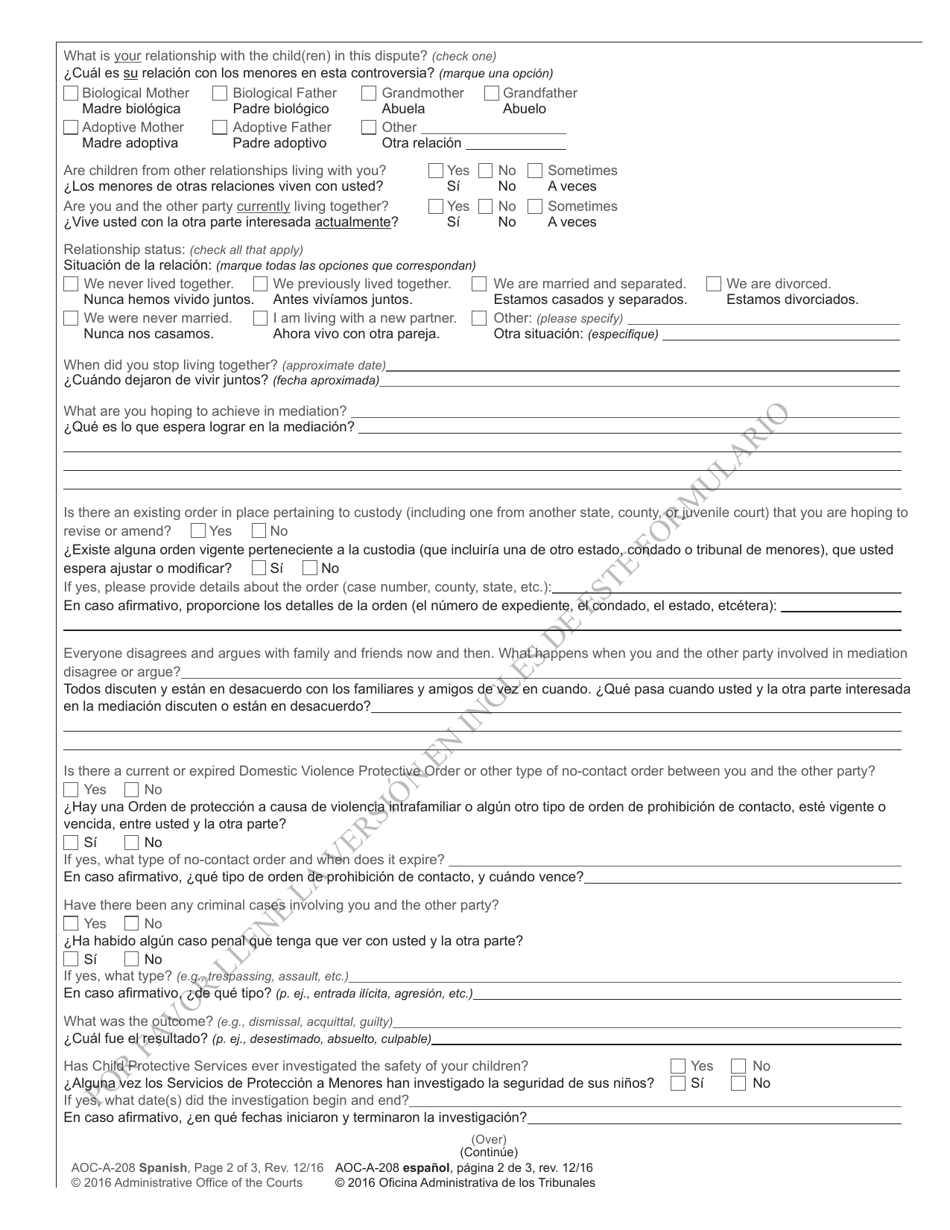 Form AOC-A-208 Custody Mediation Intake Form - North Carolina (English / Spanish), Page 2