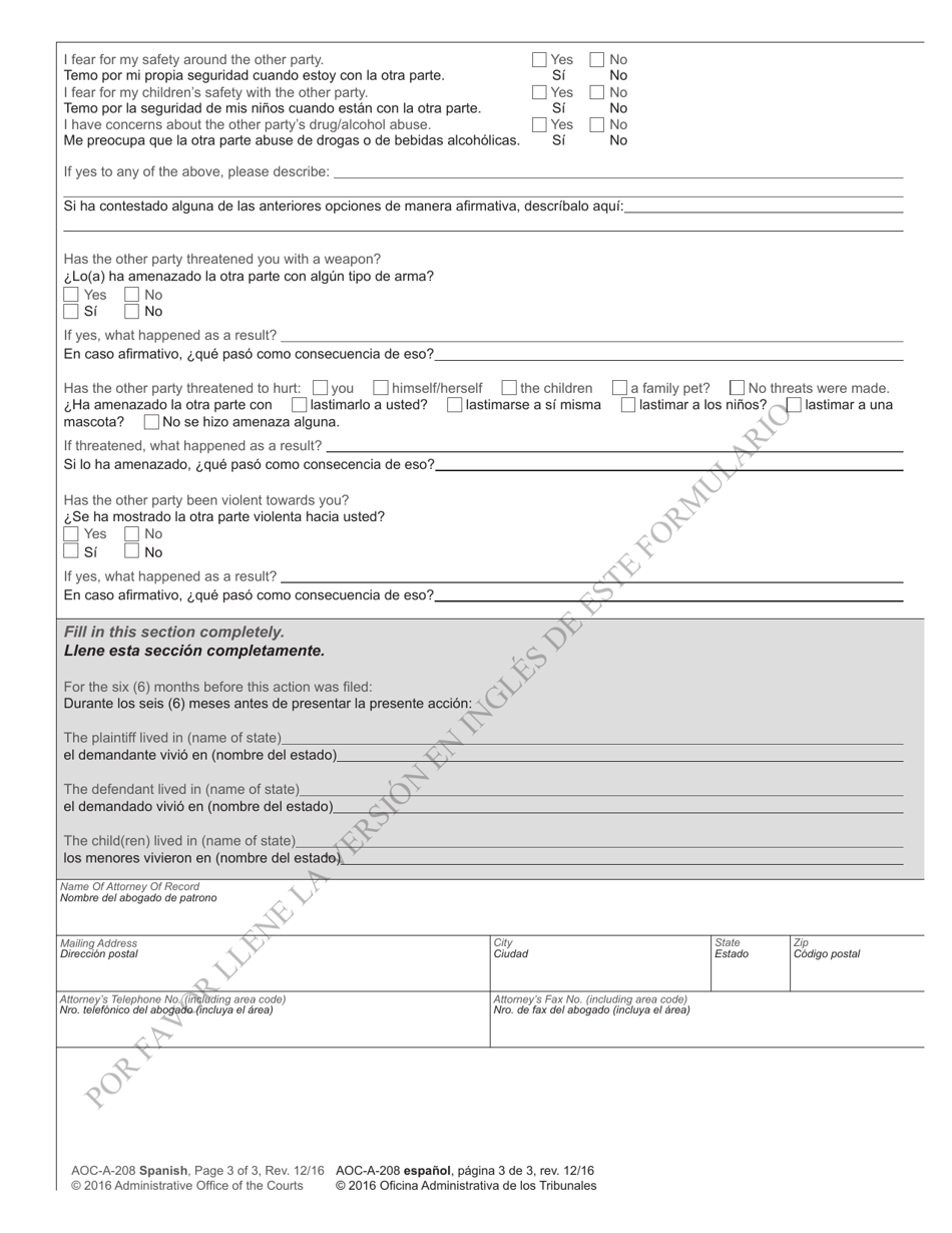 Form AOC-A-208 Custody Mediation Intake Form - North Carolina (English / Spanish), Page 3