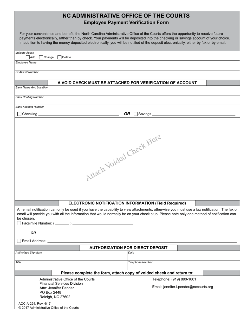 Form AOC-A-224 Employee Payment Verification Form - North Carolina, Page 1