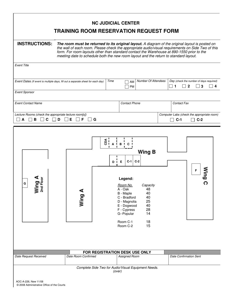 Form AOC-A-226 Nc Judicial Center Training Room Reservation Request Form - North Carolina, Page 1