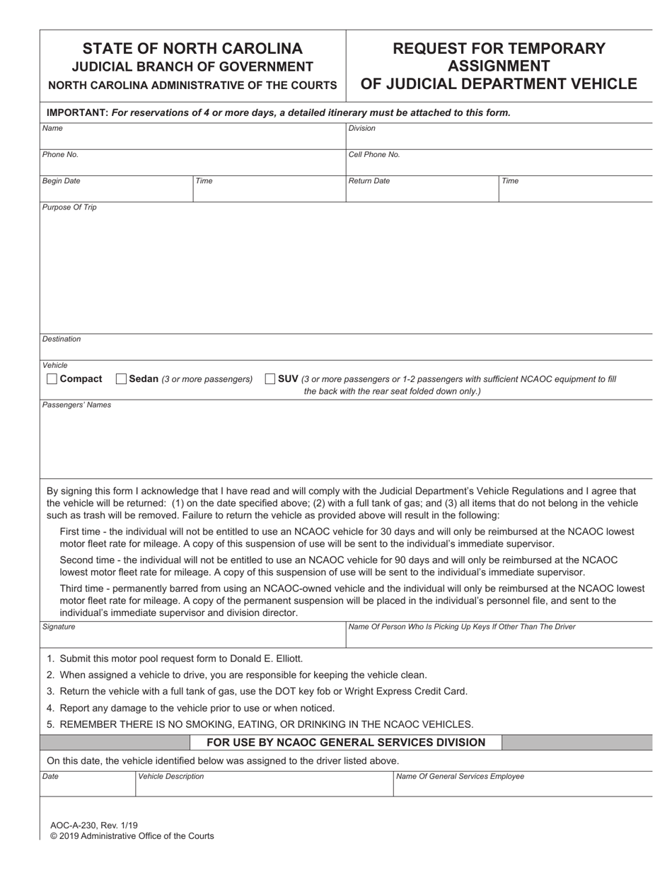 Form AOC-A-230 Request for Temporary Assignment of Judicial Department Vehicle - North Carolina, Page 1