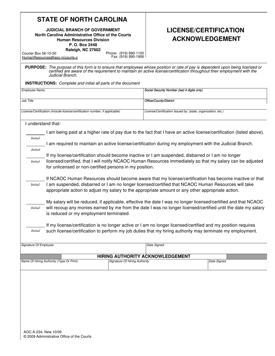 Form AOC-A-234 License / Certification Acknowledgement - North Carolina, Page 1