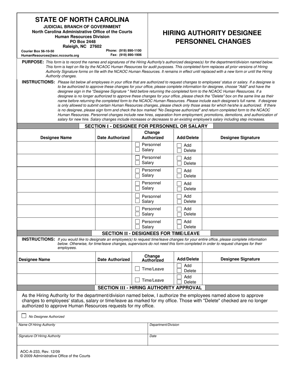 Form AOC-A-233 Hiring Authority Designee Personnel Changes - North Carolina, Page 1
