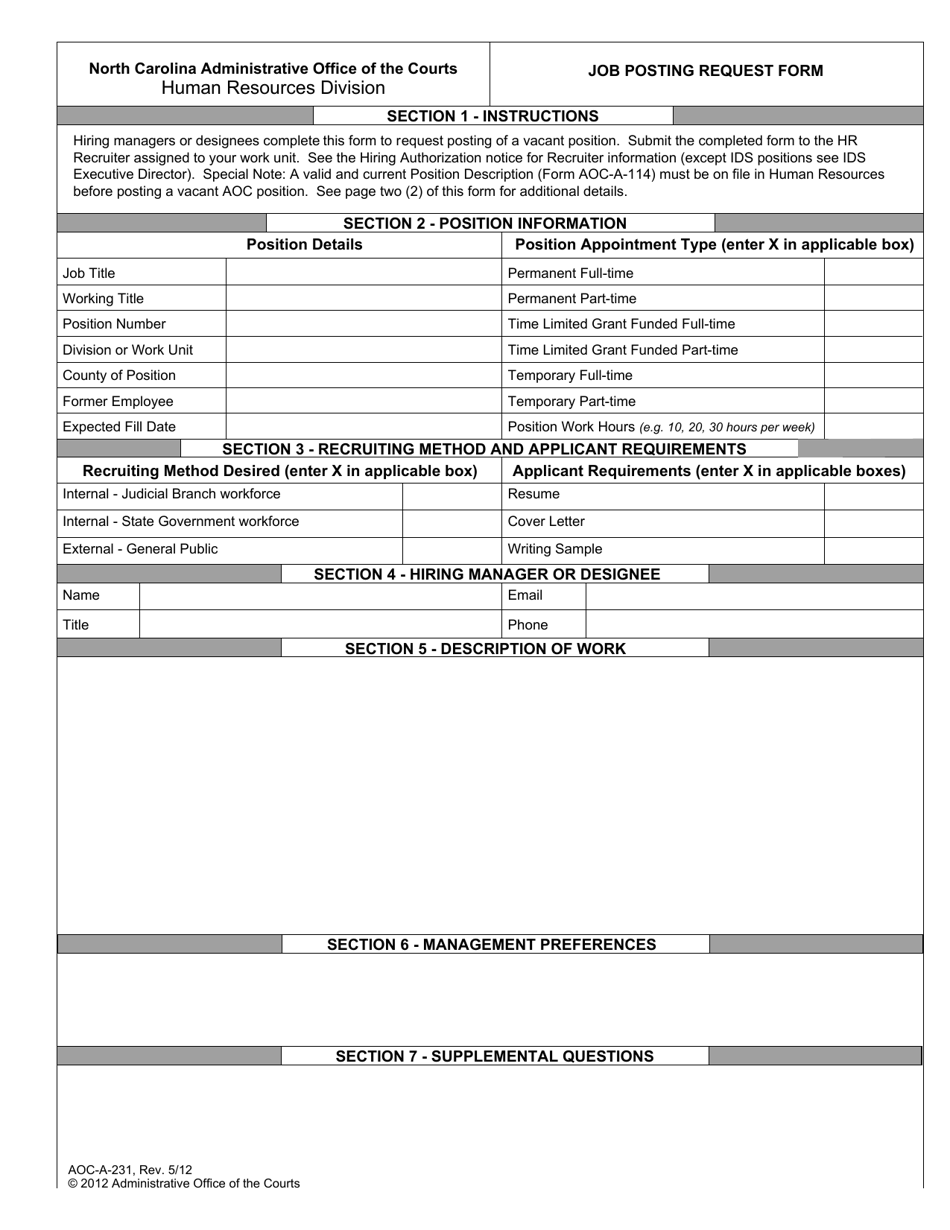 Form AOC-A-231 Job Posting Request Form - North Carolina, Page 1