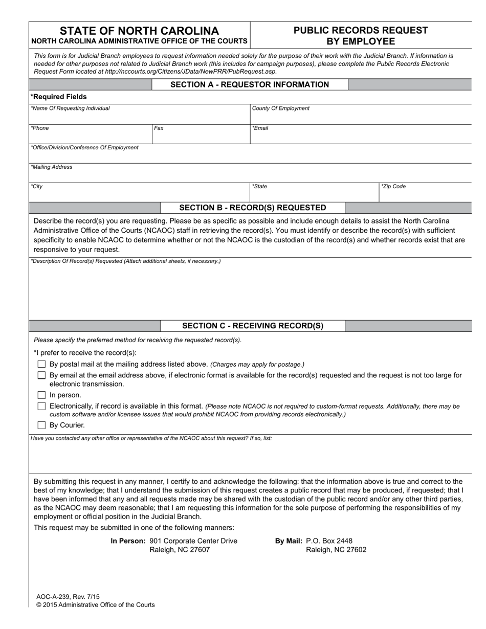 Form AOC-A-239 Public Records Request by Employee - North Carolina, Page 1