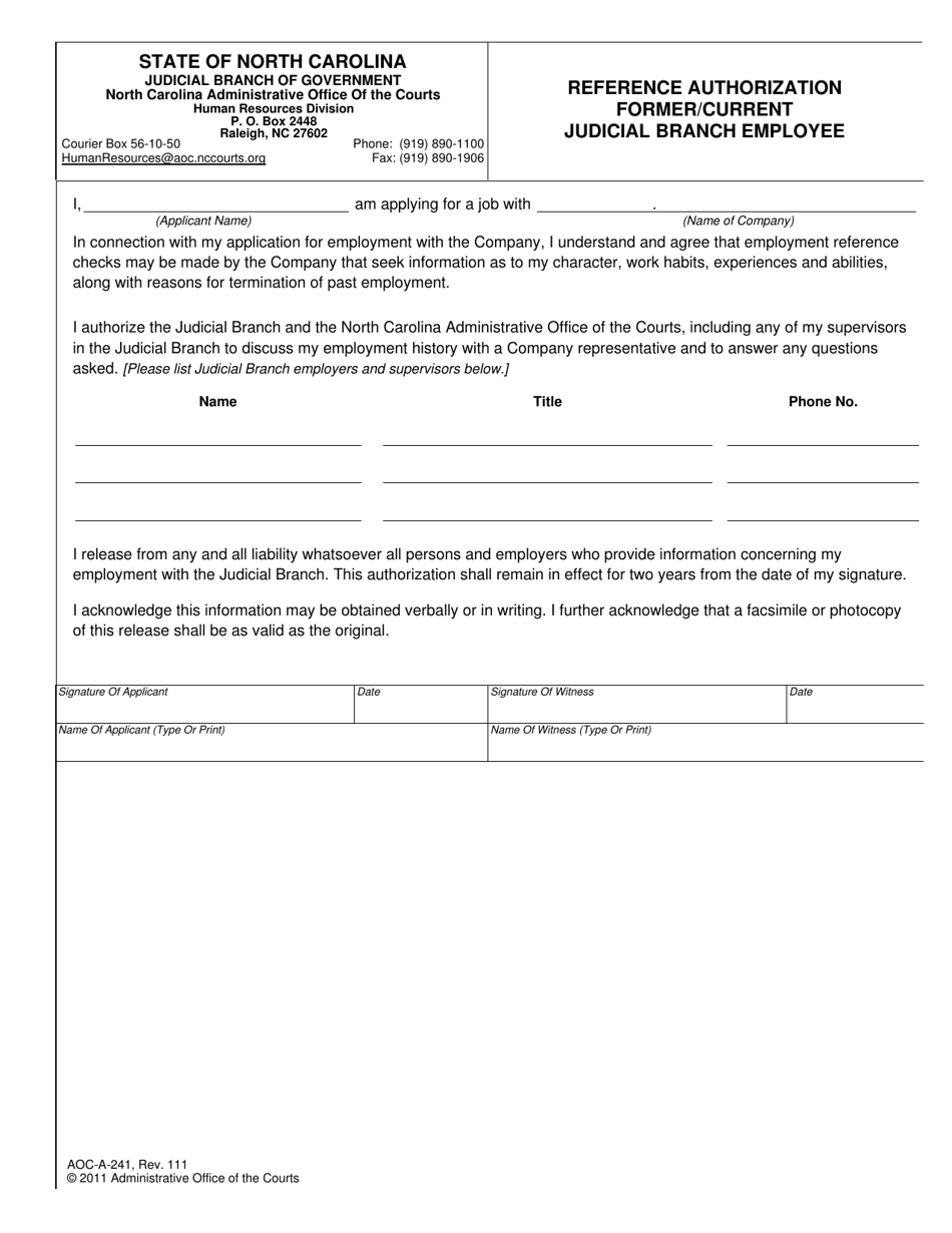 Form AOC-A-241 Reference Authorization - Former / Current Judicial Branch Employee - North Carolina, Page 1