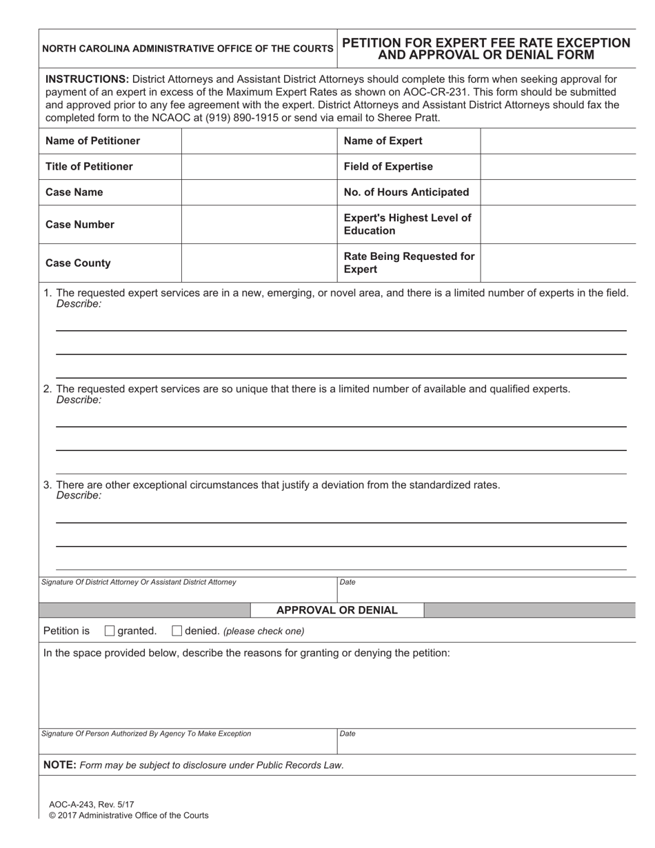 Form AOC-A-243 Petition for Expert Fee Rate Exception and Approval or Denial Form - North Carolina, Page 1