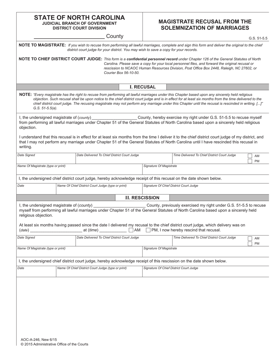Form AOC-A-246 Magistrate Recusal From the Solemnization of Marriages - North Carolina, Page 1
