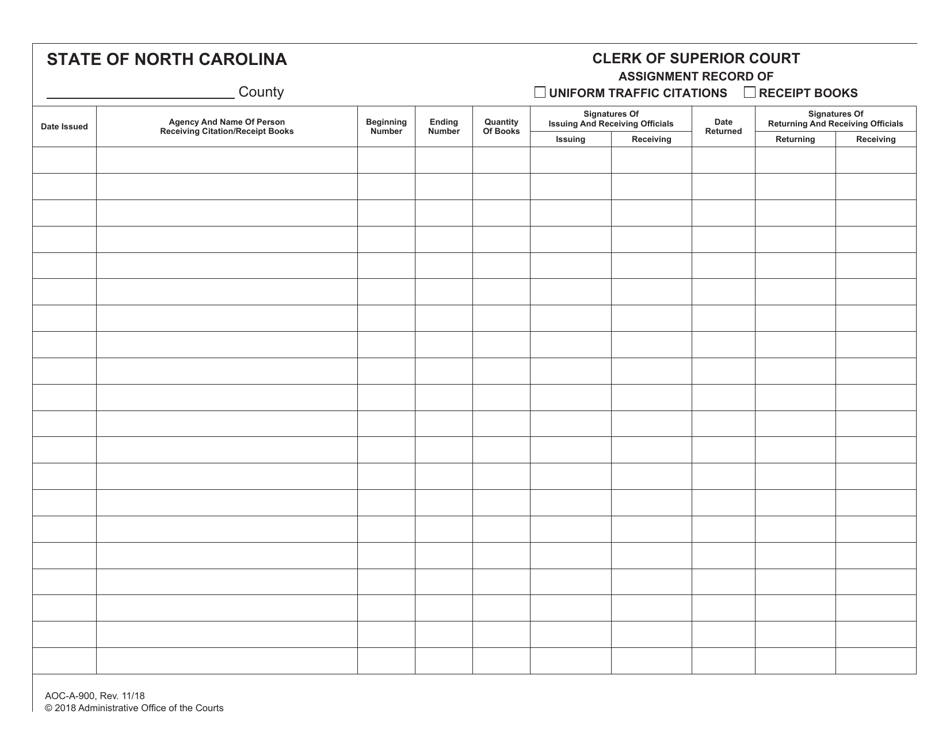 Form AOC-A-900 Clerk of Superior Court Assignment Record of Uniform Traffic Citations/Receipt Books - North Carolina, Page 1