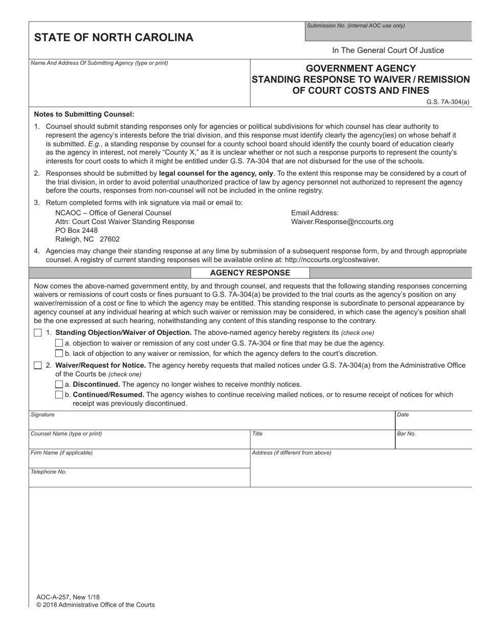 Form AOC-A-257 Government Agency Standing Response to Waiver / Remission of Court Costs and Fines - North Carolina, Page 1