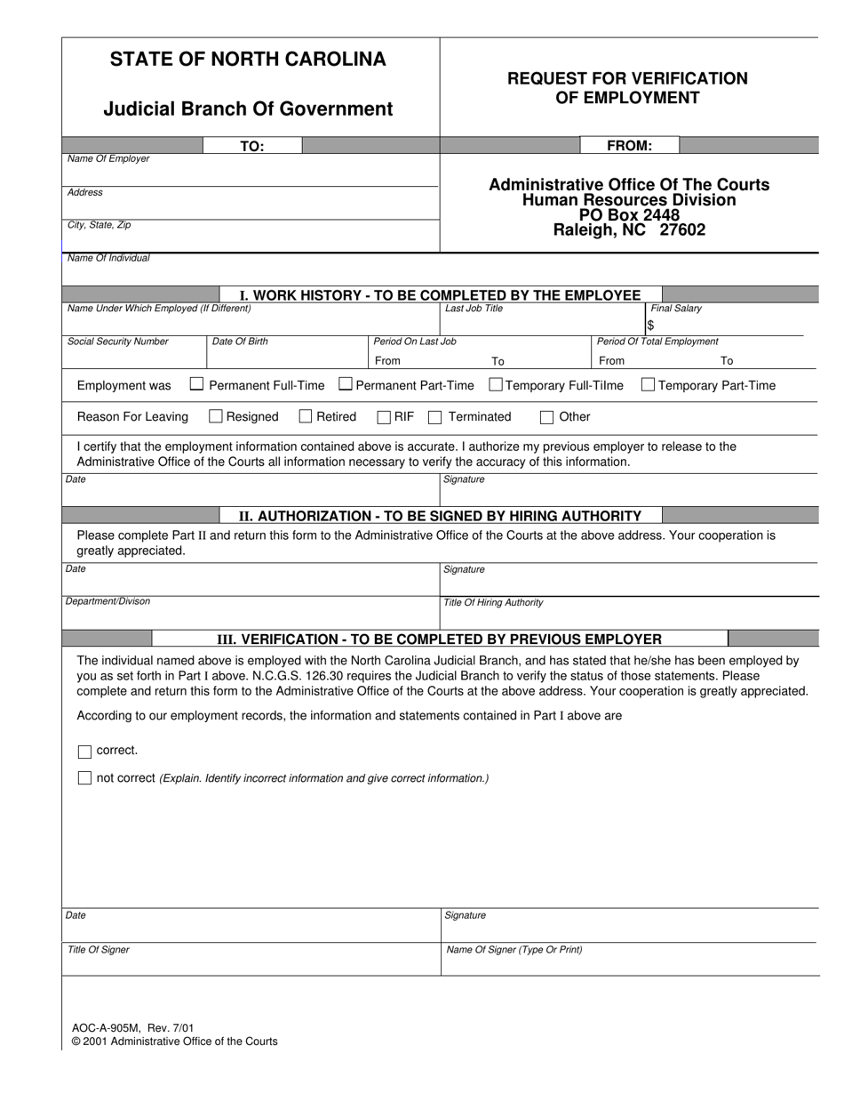 Form AOC-A-905M Request for Verification of Employment - North Carolina, Page 1