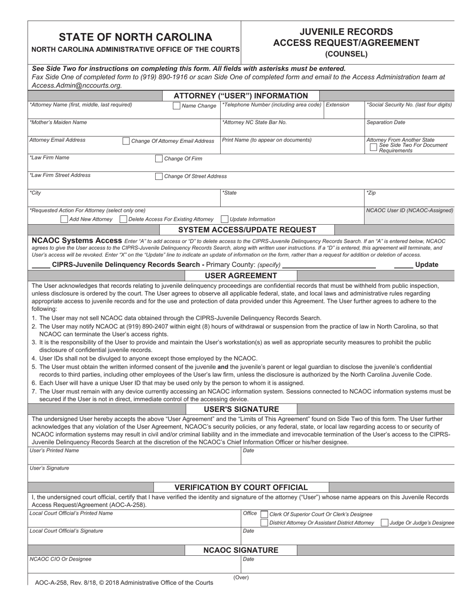 Form AOC-A-258 Juvenile Records Access Request / Agreement (Counsel) - North Carolina, Page 1