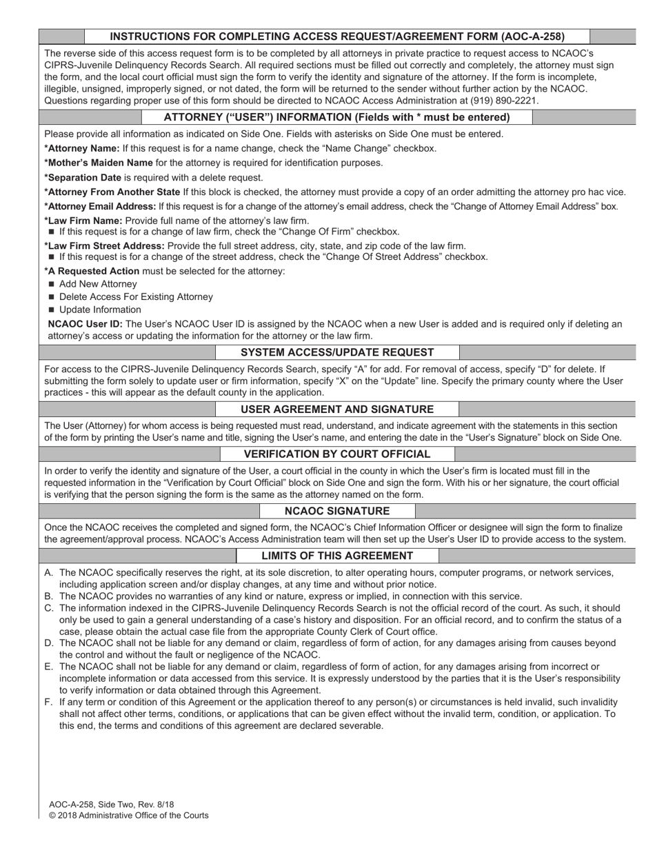 Form AOC-A-258 Juvenile Records Access Request / Agreement (Counsel) - North Carolina, Page 2