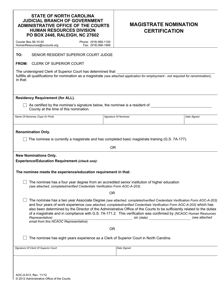 Form AOC-A-913 Magistrate Nomination Certification - North Carolina, Page 1