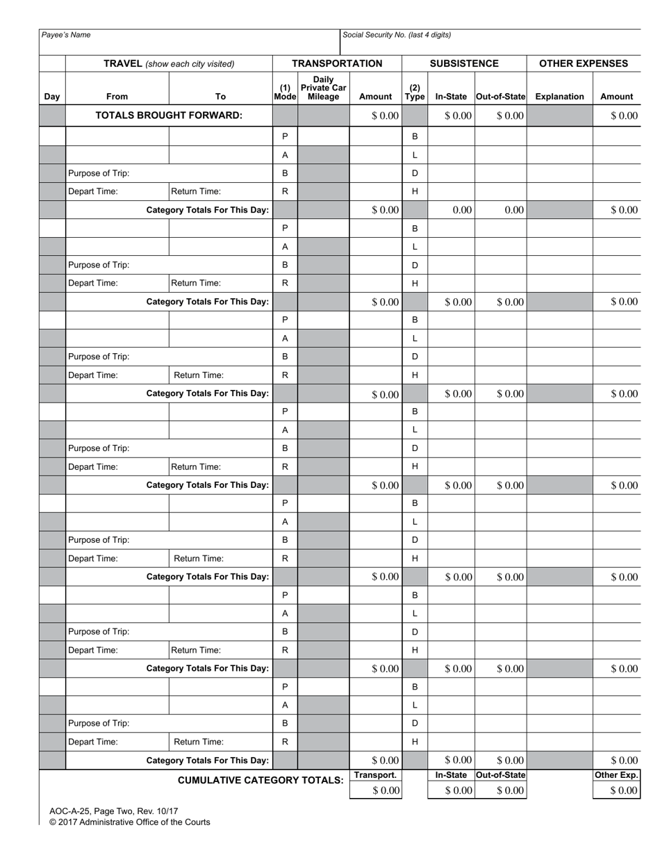 Form AOC-A-25 Reimbursement of Travel and Other Expenses Incurred in the Discharge of Official Business - North Carolina, Page 3