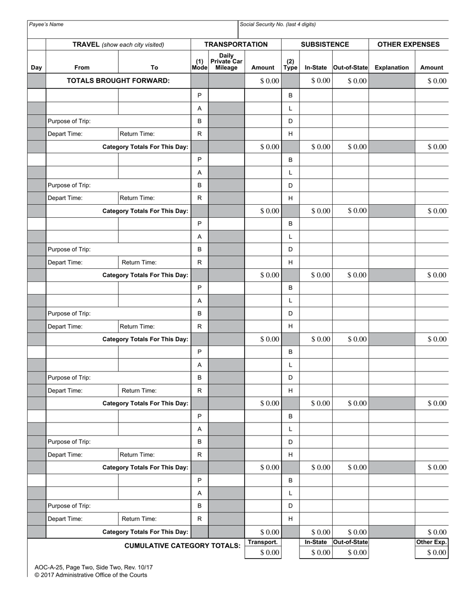 Form AOC-A-25 Reimbursement of Travel and Other Expenses Incurred in the Discharge of Official Business - North Carolina, Page 4