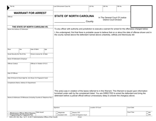 Form AOC-CR-100 Warrant for Arrest - North Carolina