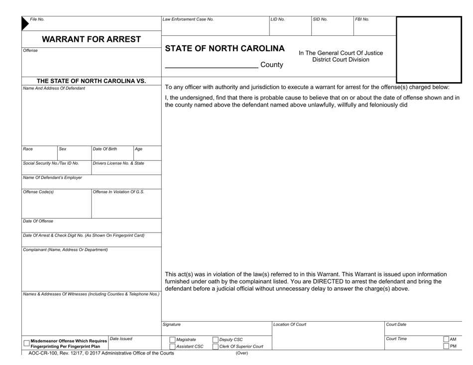 Form AOC-CR-100 Warrant for Arrest - North Carolina, Page 1