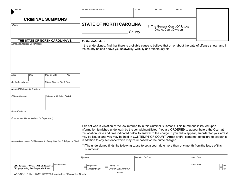 Form AOC-CR-113 Criminal Summons - North Carolina, Page 1